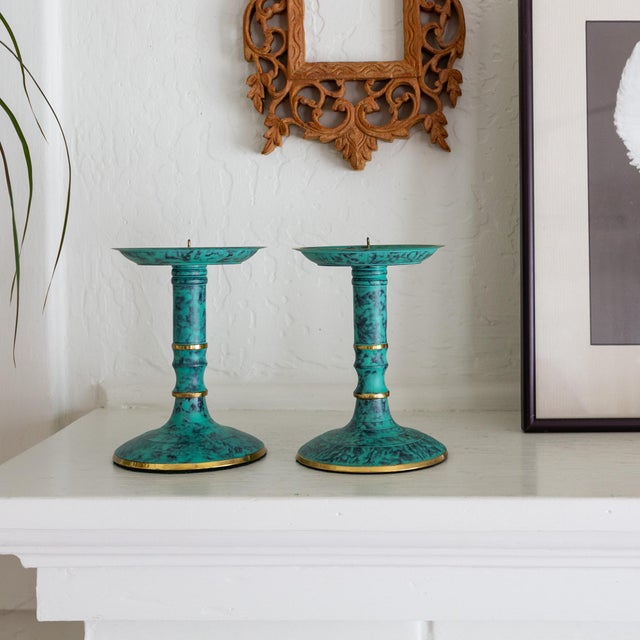 Teal Postmodern Teal Verdigris and Gold Pedestal Candle Holders For Sale - Image 8 of 10