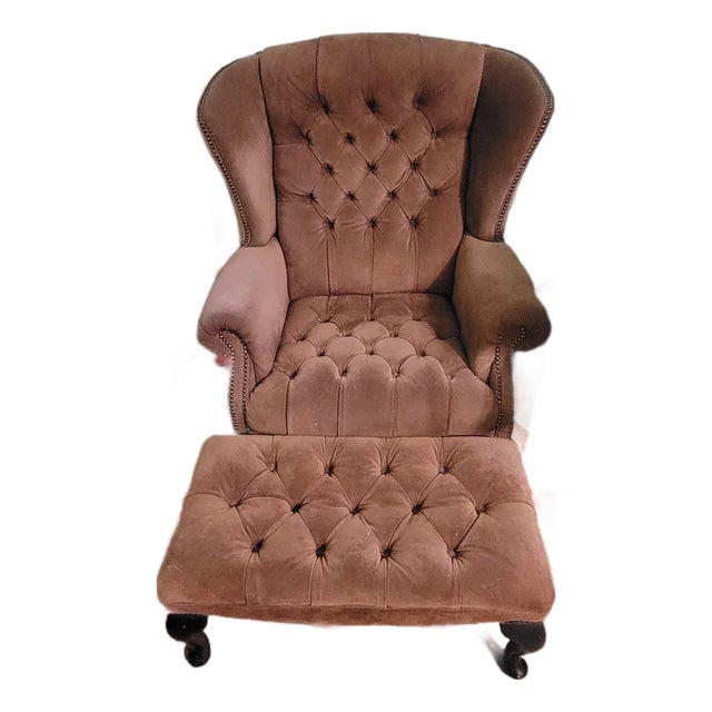 1990s Hancock and Moore Tufted Suede Wingback Chair and Ottoman Set For Sale