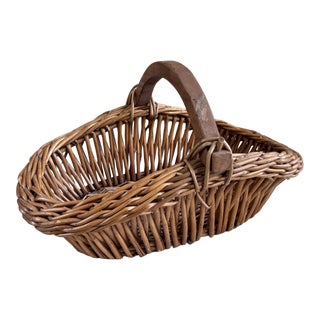 Vintage Woven Rattan/Wicker Gathering Basket For Sale
