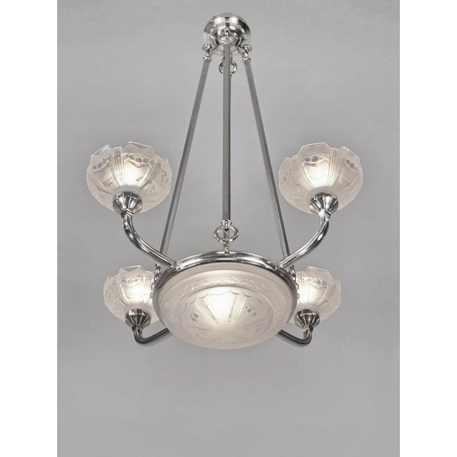 Art Deco Sabino French Art Deco Nickel Bronze Central Bowl 4-Arm Cup Chandelier - 1930s For Sale - Image 3 of 12