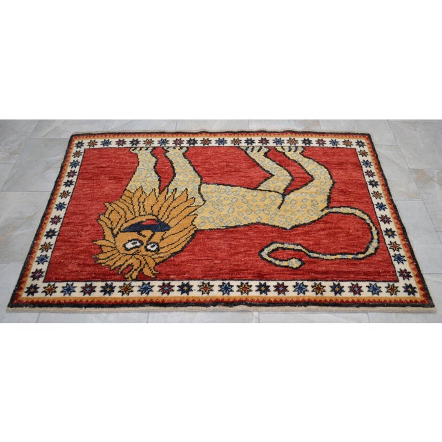 Quirky Lion Oushak Rug 3x5, Whimsical Folk Art Wool Rug, Terracotta Red Turkish Area Rug, Small Hand Knotted Leopard Rug for Entryway 3'5" X 5'1" For Sale - Image 10 of 16