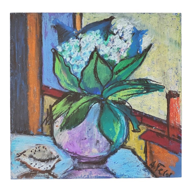 Anna Feld Artist, Vibrant Colors Oil Pastel of Abstract Floral Still Life, Signed and Framed For Sale