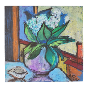 Anna Feld Artist, Vibrant Colors Oil Pastel of Abstract Floral Still Life, Signed and Framed