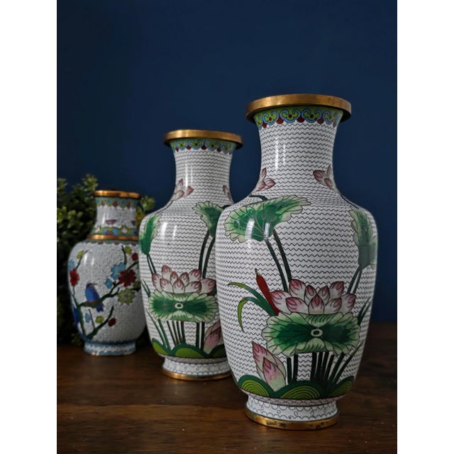 Chinese Vintage Chinese Enameled Cloisonné Vase Set For Sale - Image 3 of 18