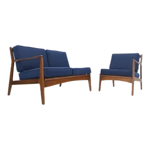 Danish Mid-Century Modern New Upholstery Walnut Frames Sofa & Chair Set - A Pair