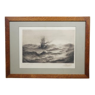 Antique Otis S Weber Signed Nautical Maritime Choppy Seas Clipper Ship Etching For Sale