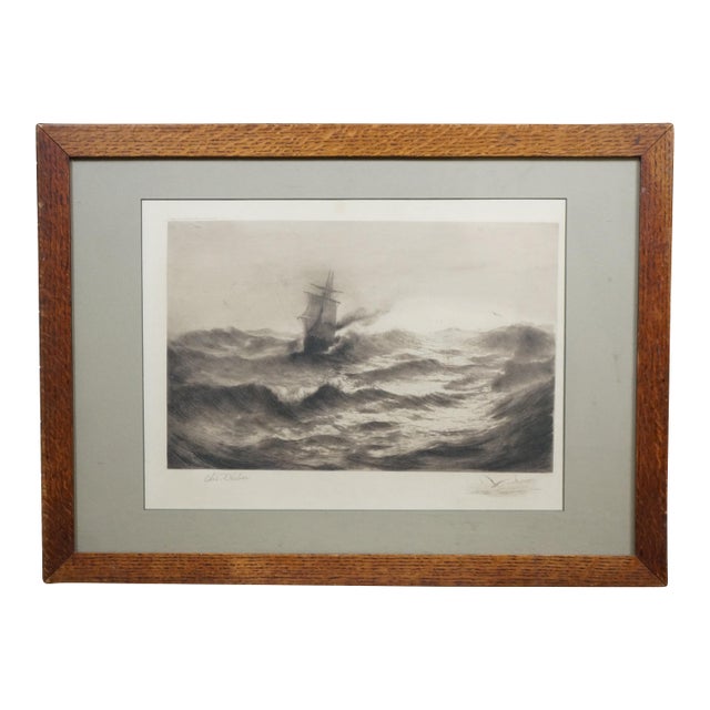 Antique Otis S Weber Signed Nautical Maritime Choppy Seas Clipper Ship Etching For Sale
