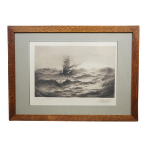 Antique Otis S Weber Signed Nautical Maritime Choppy Seas Clipper Ship Etching