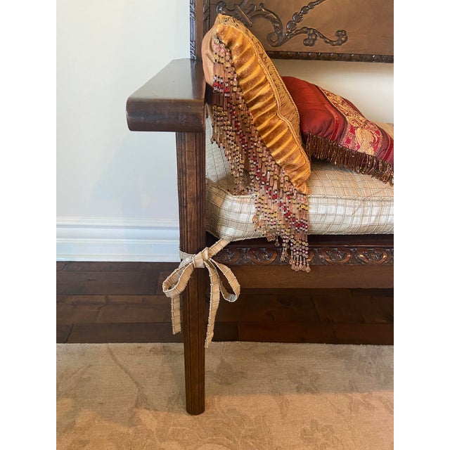 Spanish Mid 20th Century Antique Castilian Style Spanish Wood Bench With Custom Thai Silk Pillow For Sale - Image 3 of 7