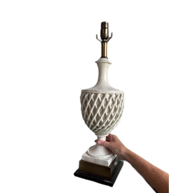 Porcelain Vintage Pair of Large Urn shaped lamps by Fredrick Cooper of Chicago Table Lamps; with a rope lattice or...