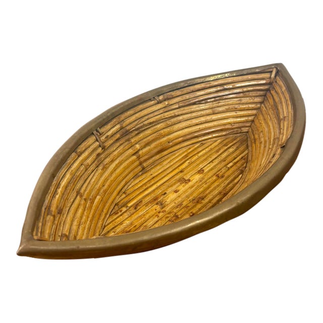 1950s Italian Riviera Sculptural Rattan Bowl With Solid Brass Trim For Sale