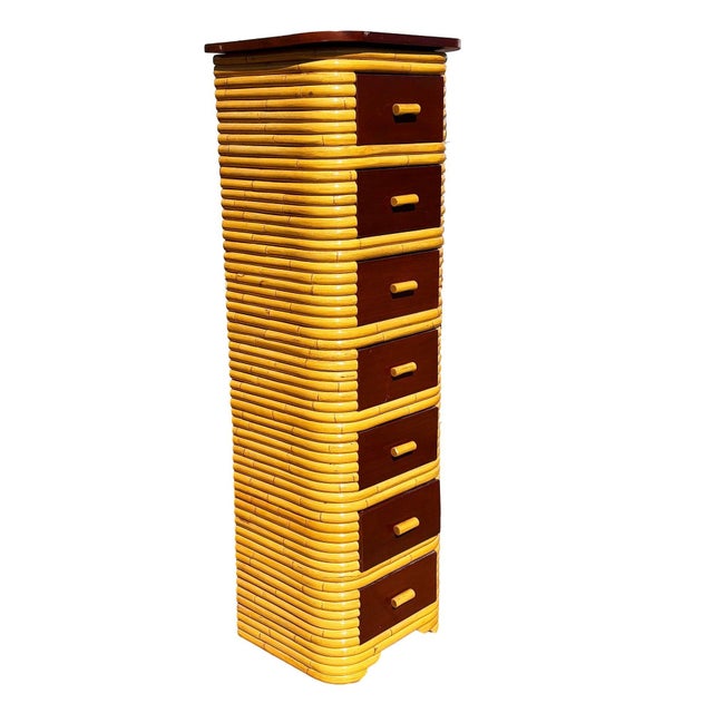 1930s Restored Paul Frankl Style Stacked Rattan & Mahogany Petite Chest of 7 Drawers For Sale - Image 4 of 7