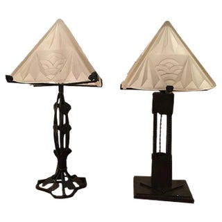 Art Deco Wrought Iron Table Lamps from Degué, 1920s, Set of 2 For Sale