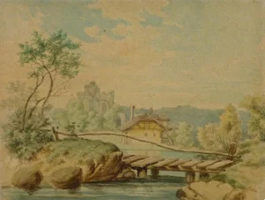 Watercolor - Tudor Style Cottage by the Lake