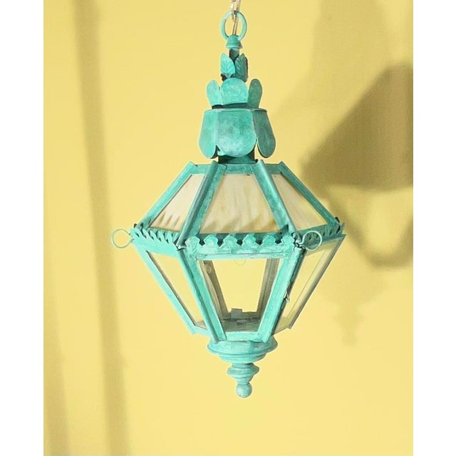 Verdigris Vintage Verdigris Patina Lantern – Art Glass Hanging Chandelier/ Pendant For Sale - Image 8 of 16
