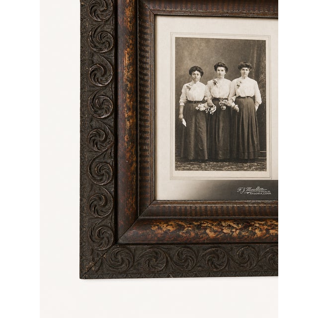 Traditional Antique Black Forest Carved Wood Frame With Original Sepia Protrait Photograph, Ansonia Ct Studio, Deep Profile Frame For Sale - Image 3 of 10