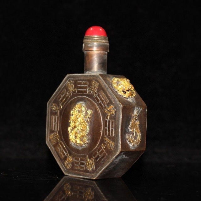 Chinese Vintage Chinese Bronze Octagonal Snuff Bottle With Bagua & Gilt Deity For Sale - Image 3 of 9