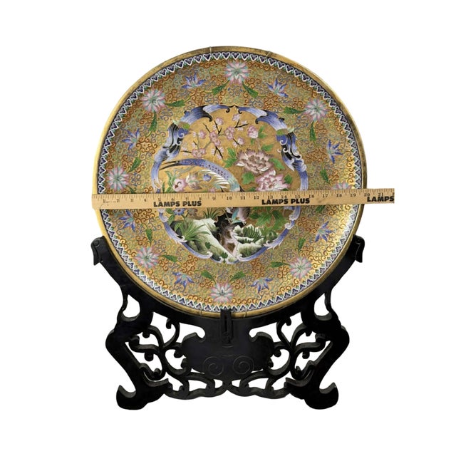 Japanese Large Antique Japanese Cloisonné Enamel on Brass Charger With Carved Wood Stand - 20" For Sale - Image 3 of 8