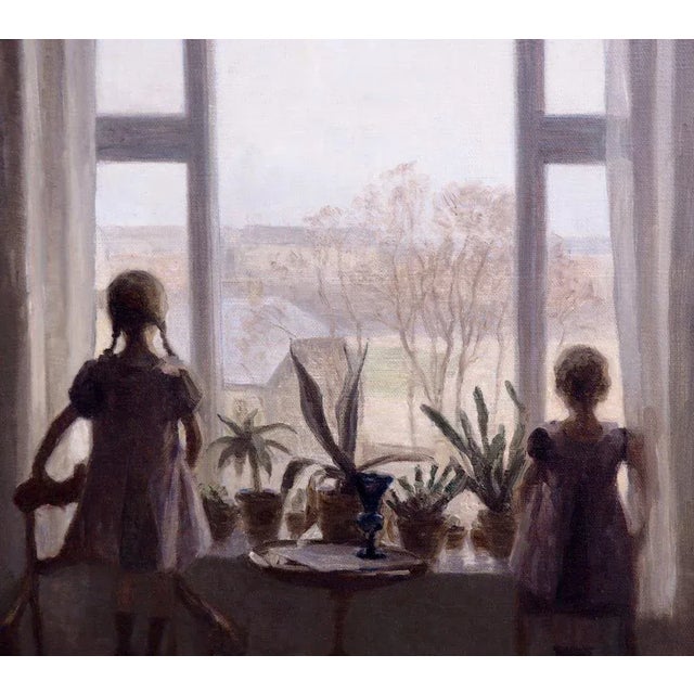 Interior Painting of Two Children Oil on Canvas, Carl V. Meyer, in Good conditions.