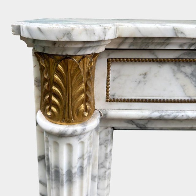 Mid 19th Century Antique French Louis XVI Style Arabescato Marble and Ormolu Fireplace Mantel, 1850 For Sale - Image 5 of 8