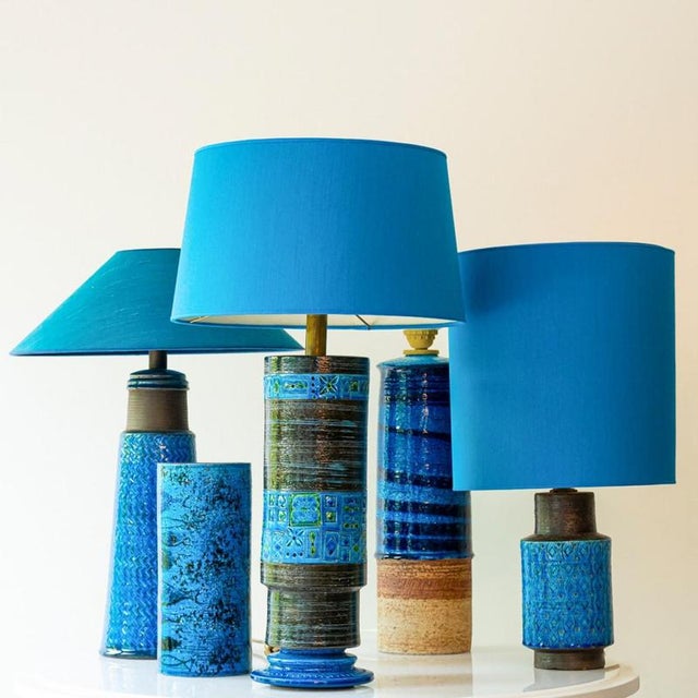 Ceramic Aqua Ceramic Table Lamp from Bitossi with Blue Silk Lampshade attributed to R. Houben, 1970s For Sale - Image 7 of 9