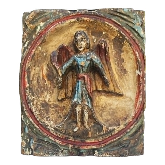 Art Deco Wooden Picture in Carved Bas-Relief with Guardian Angel, 1940s For Sale