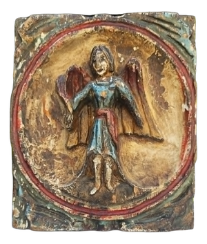 Art Deco Wooden Picture in Carved Bas-Relief with Guardian Angel, 1940s