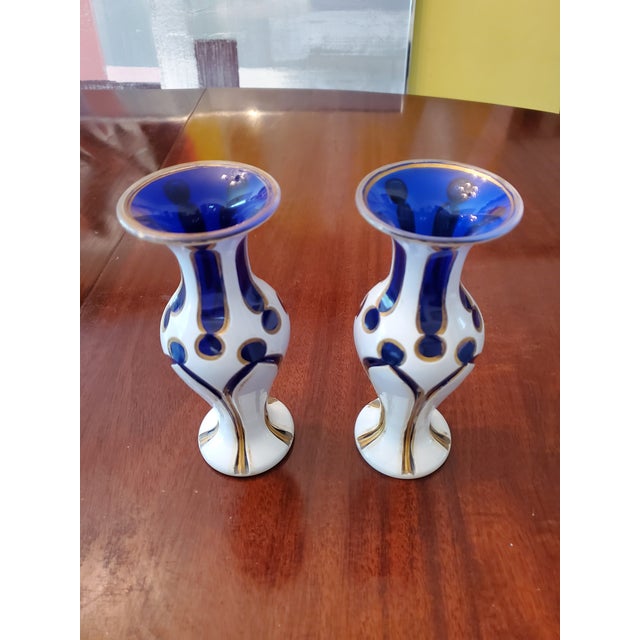 19th Century Antique Moser Bohemian Glass Overlay Cobalt Vases- a Pair For Sale - Image 5 of 6