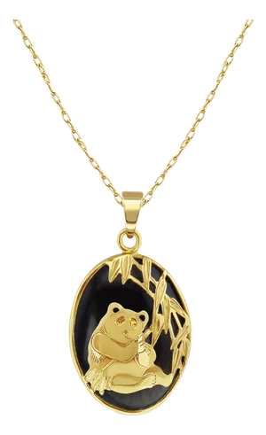 Oval Natural Smoky Quartz Jadeite Necklace with 14k Yellow Gold Panda Design 16"