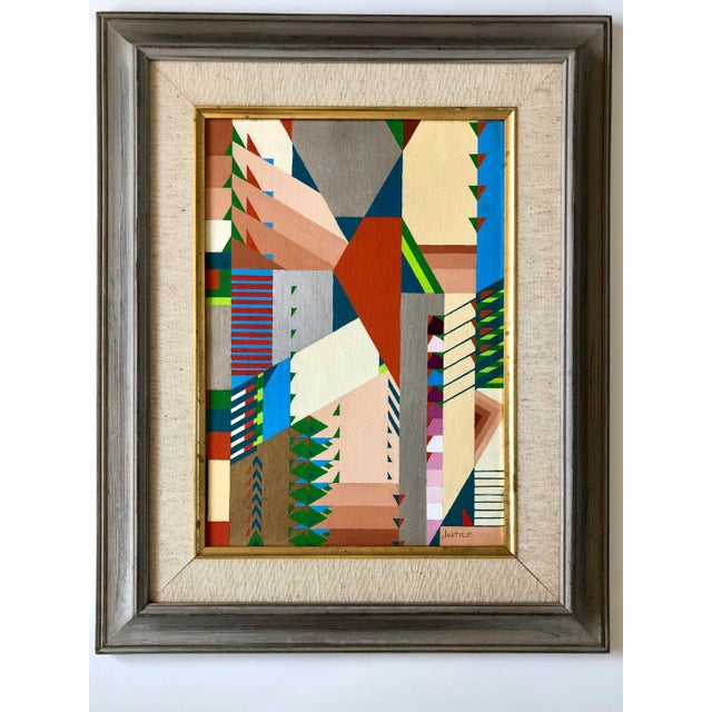 1962 “Allocation I” Abstract Geometric Oil Painting on Canvas Board by Jack Justice, Framed For Sale - Image 13 of 13