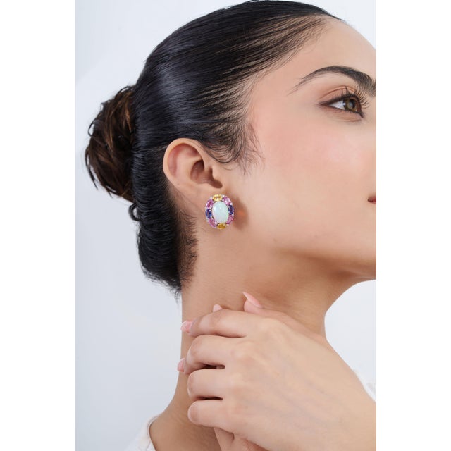 18k White Gold 18.2ct Opal & Multi Sapphire Cluster Stud Earrings With Diamonds- 2 Pieces For Sale - Image 9 of 15