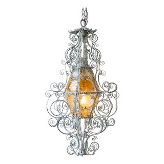 Early 1900s Italian Wrought Iron Lantern Light Green Finish Amber Glasses For Sale