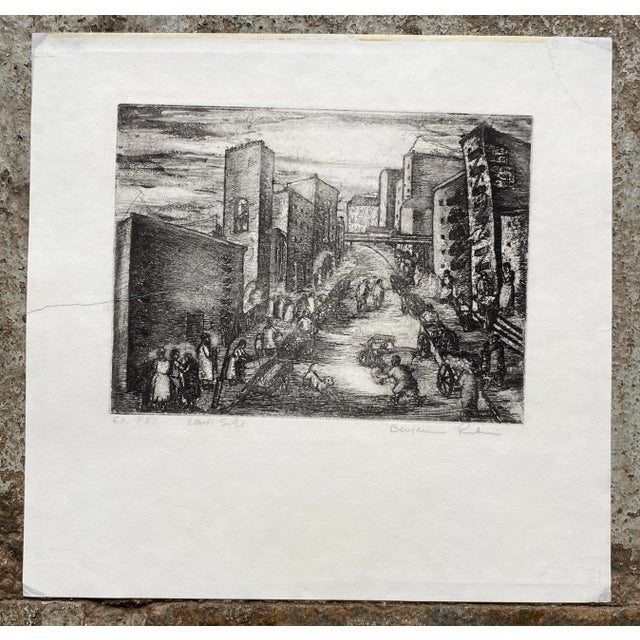 Benjamin Rubin (Austrian/American 1896-1998). "East Side" etching on paper. Penicil signed.
