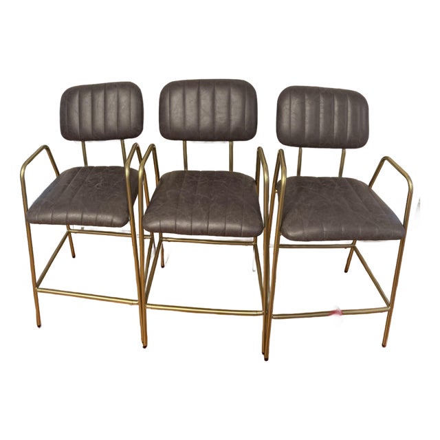 Modern Glam Heavy-Duty Dark Gray Faux Suede & Brass Counter Stools (300lb Capacity) - Set of 3 For Sale