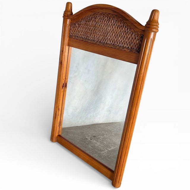 Large Antique English Rustic Pine Farmhouse Wall Mirror with Arched Wicker Panel For Sale - Image 5 of 10