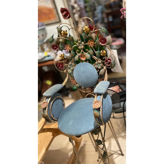 1920s Vintage Ornate French Iron Artist's Chaise Seats From Lyon, France, Colorful Rose, Flowers & Leaves Motif- Set of 2 For Sale - Image 5 of 7
