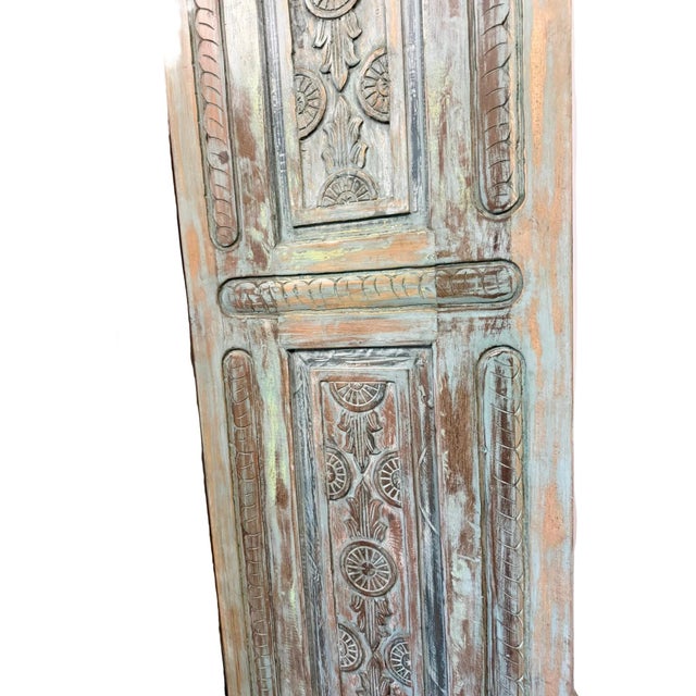 1920s Vintage Hand-Carved Wooden Sliding Barn Door – Distressed Green Hues Rustic Interior Door Panel 96x30 For Sale - Image 5 of 6