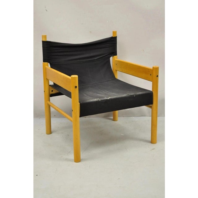 Vintage Mid Century Modern Scandinavian Black Canvas Birch Wood Lounge Chair For Sale - Image 11 of 11