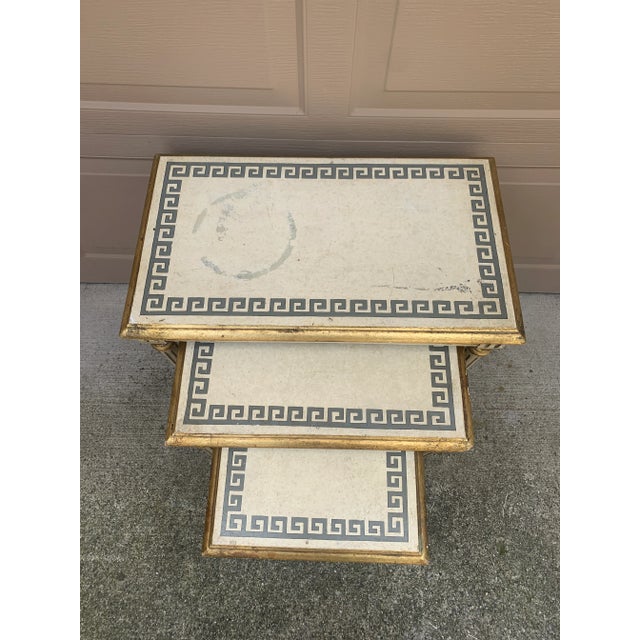 Italian Greek Key Nesting Tables in Aged Silver Leaf & Gilt, Set of Three For Sale In South Bend - Image 6 of 13