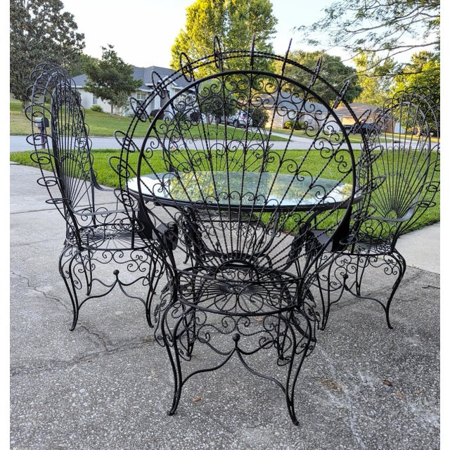 Salterini Patio Set Wrought Iron Table Peacock 4 Chairs Mid 20th C. For Sale - Image 9 of 11