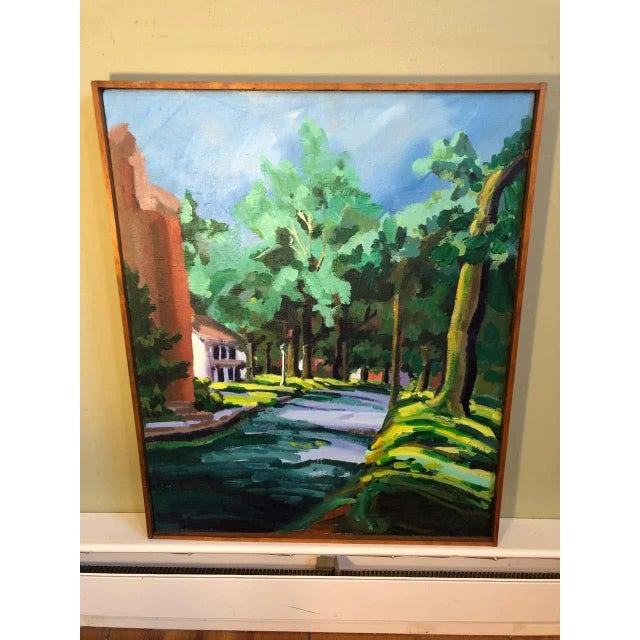 Colorful midcentury street scene. Unsigned oil on canvas. Vivid colors of blues, greens and purples. Amazing light and...