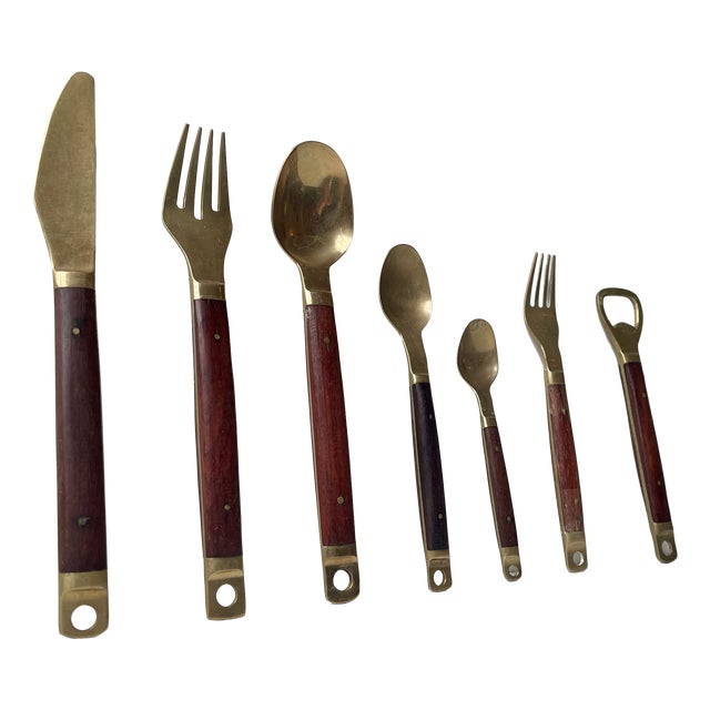 Modern Danish Brass and Teak Cutlery from Carl Cohr, 1960s, Set of 48 For Sale