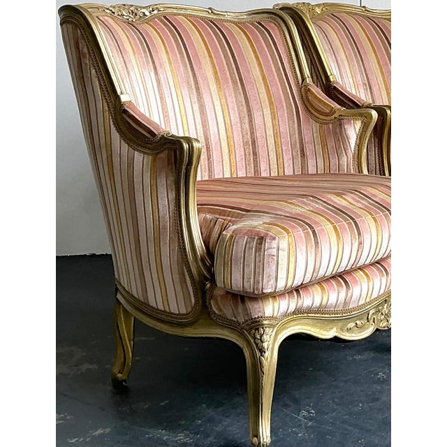 Vintage French Giltwood Striped Devore Bergère Chairs - A Pair For Sale In West Palm - Image 6 of 18