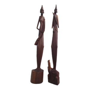 Vintage Mid-Century Balinese Modernist Warrior Princess Statues – Matched Pair Signed by A. Berata