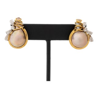 Two-Tone Gold, Diamond, and Pearl Earrings For Sale