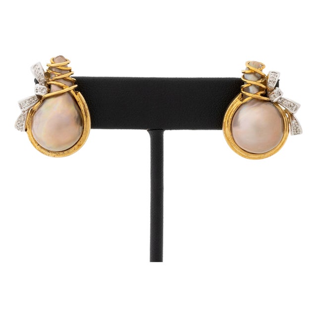 Two-Tone Gold, Diamond, and Pearl Earrings For Sale