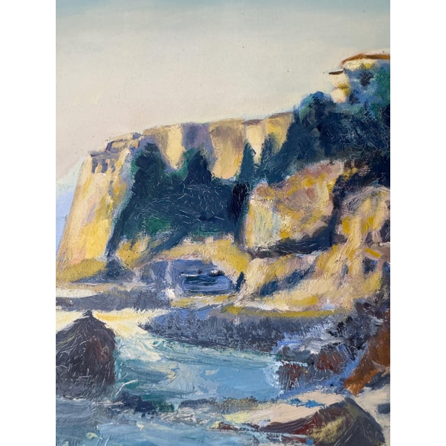 Wood Large French Vintage Mediterranean Coastal Seascape Oil Painting on Canvas, Wood Framed For Sale - Image 7 of 18