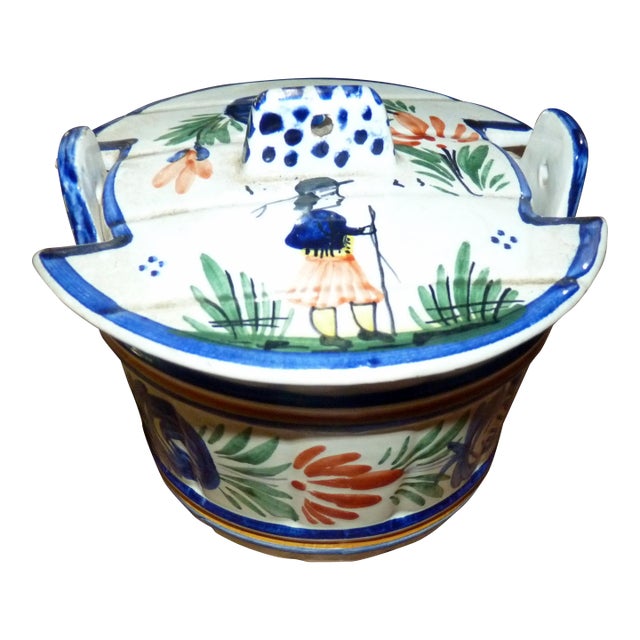 1930s Hb Quimper French Faience Covered Butter Dish With Breton Figure For Sale