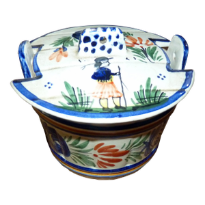 1930s Hb Quimper French Faience Covered Butter Dish With Breton Figure