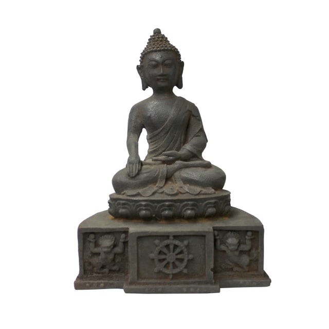 Metal Chinese Rustic Iron Color Finish Sitting Buddha Statue For Sale - Image 7 of 7